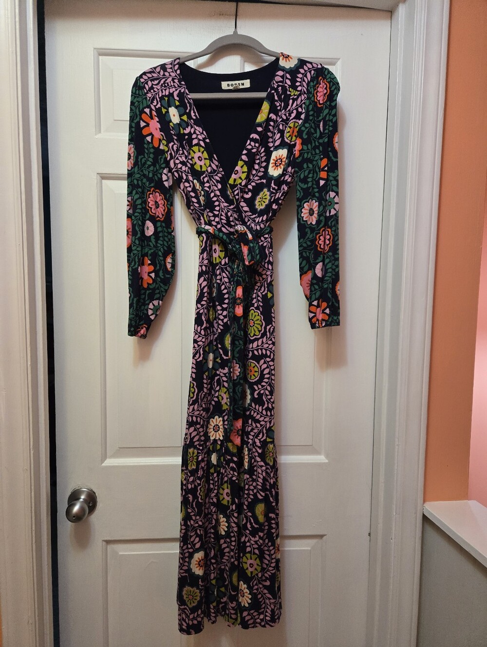 Boden Floral Wrap Maxi Dress in Navy with Pink & Green Accents